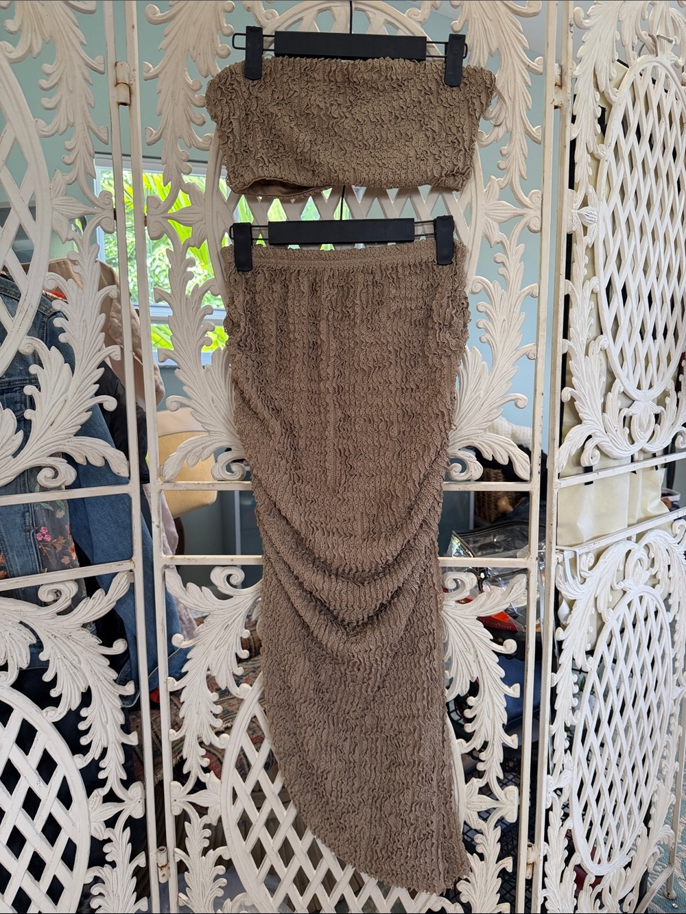 Smocked Asymmetrical Maxi Skirt w/ Bando top in Taupe